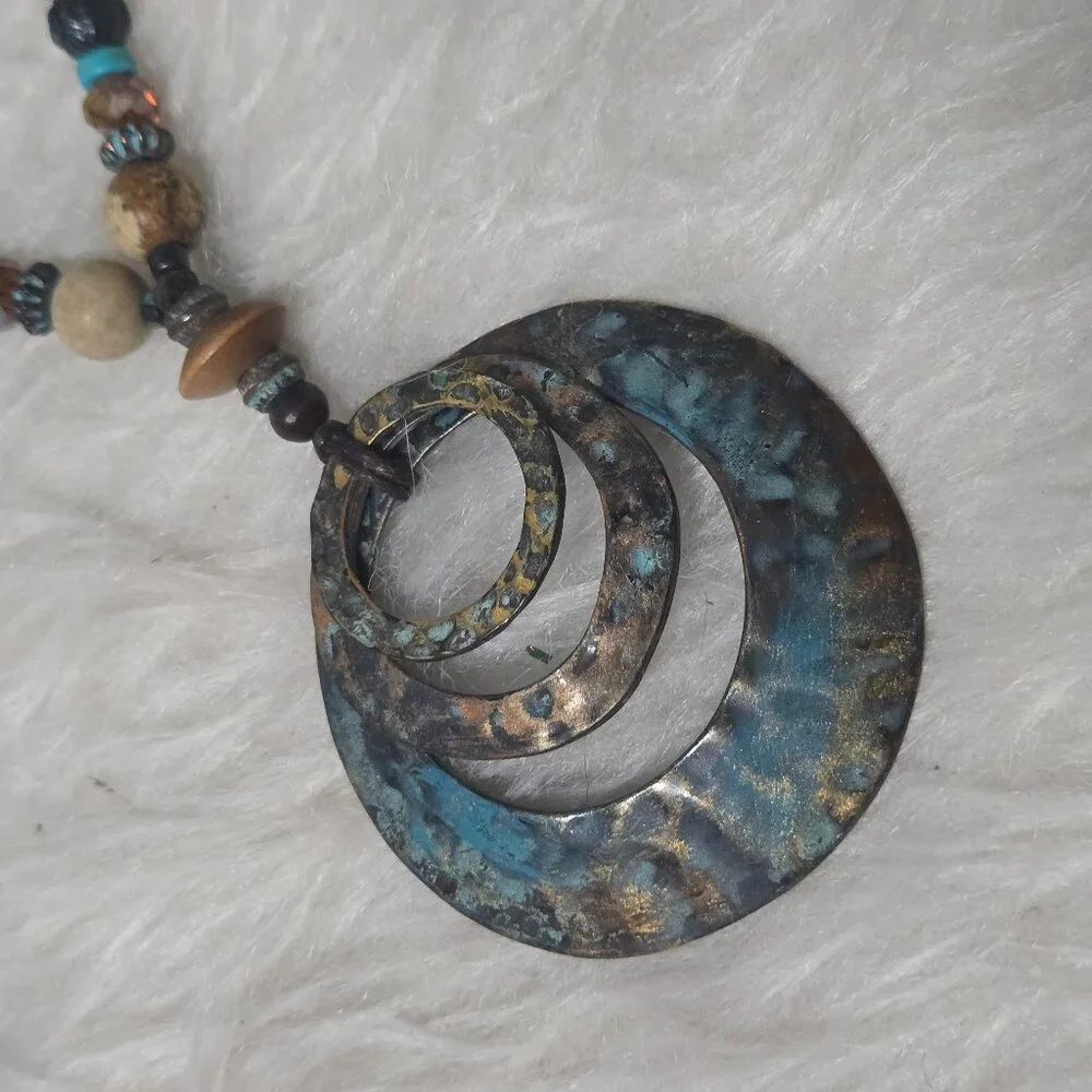 Bohemian Set: Long Blue and Brown Copper Medallion Necklace & Matching Earrings